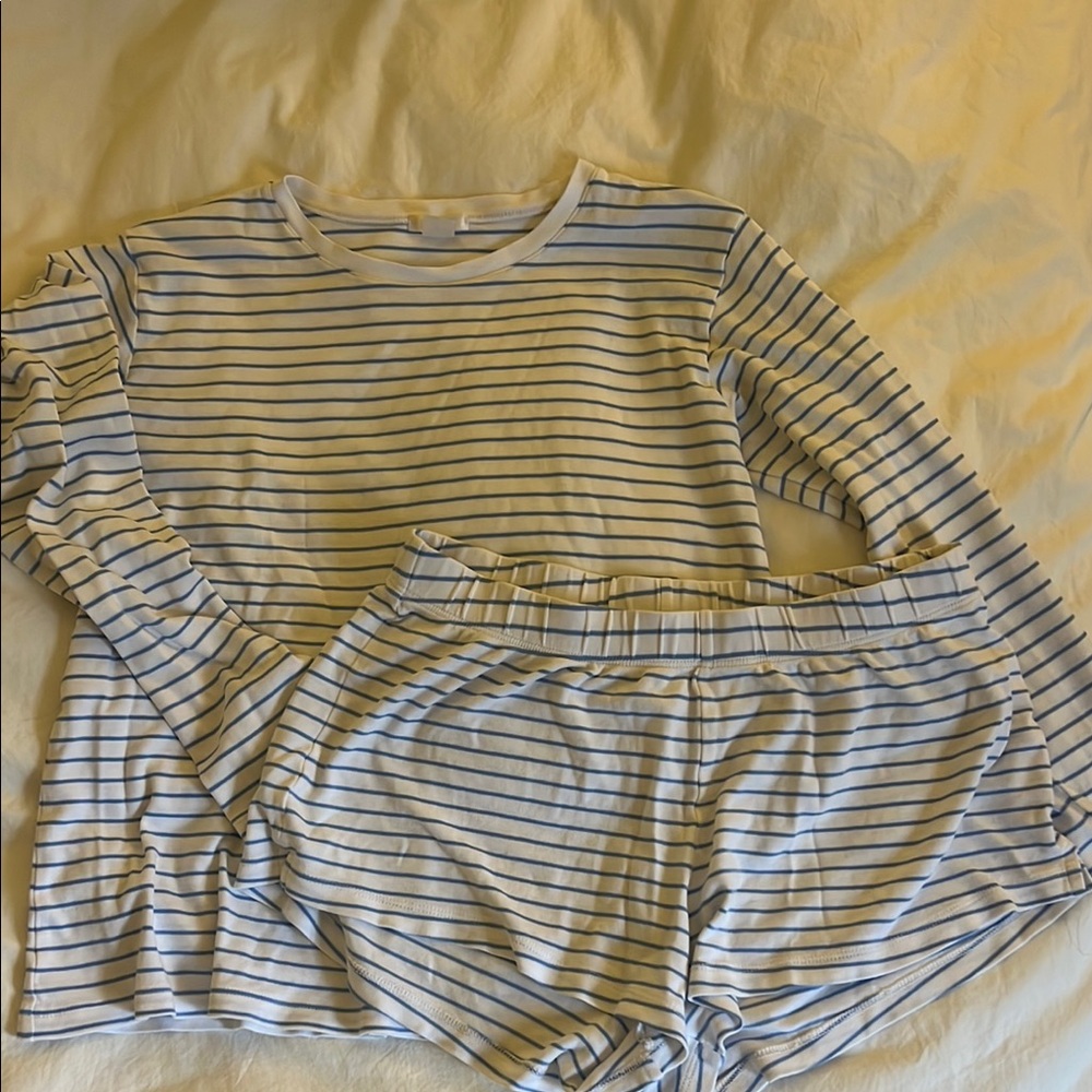 Striped Long Sleeve Top and Shorts Set - Baltic Blue